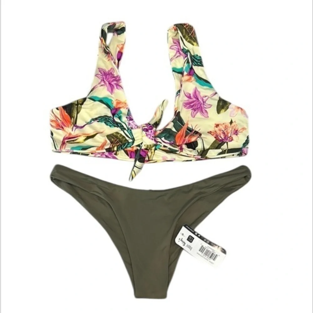 Dippin' Daisy's tropical print olive green 2 piece bikini swimsuit set size S